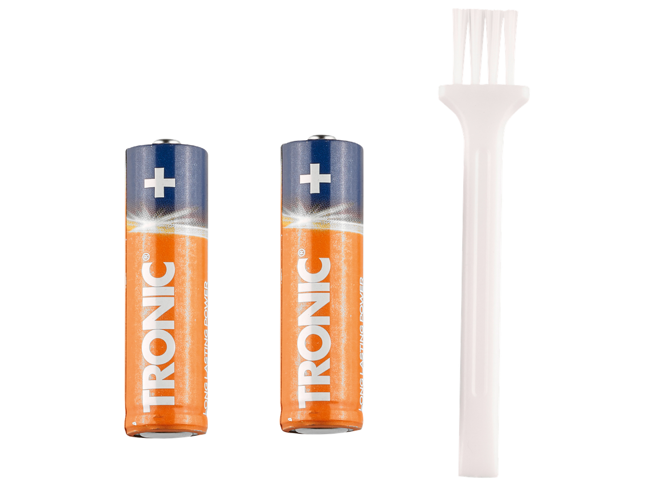 Две батерии Tronic и бяла четка за почистване на черен фон.