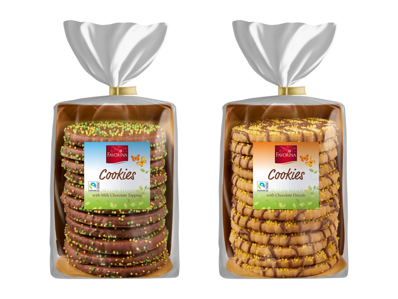 Două pachete de biscuiți cu ciocolată, unul cu topping de lapte și celălalt cu glazură.