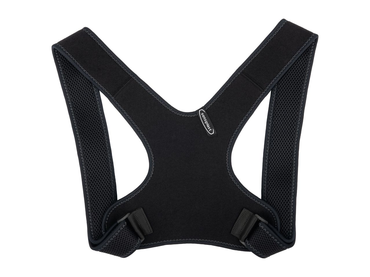 Black posture corrector with mesh straps and adjustable buckles, designed to improve back alignment.