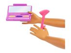 Barbie doll hands holding a pink makeup compact and a pink makeup brush.