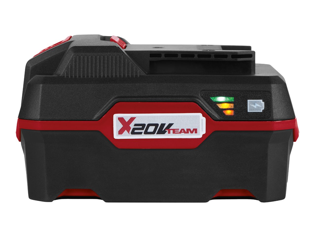 Black and red power tool battery with charge indicator lights.