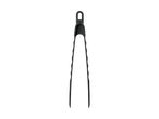 Black plastic kitchen tongs with a hanging loop