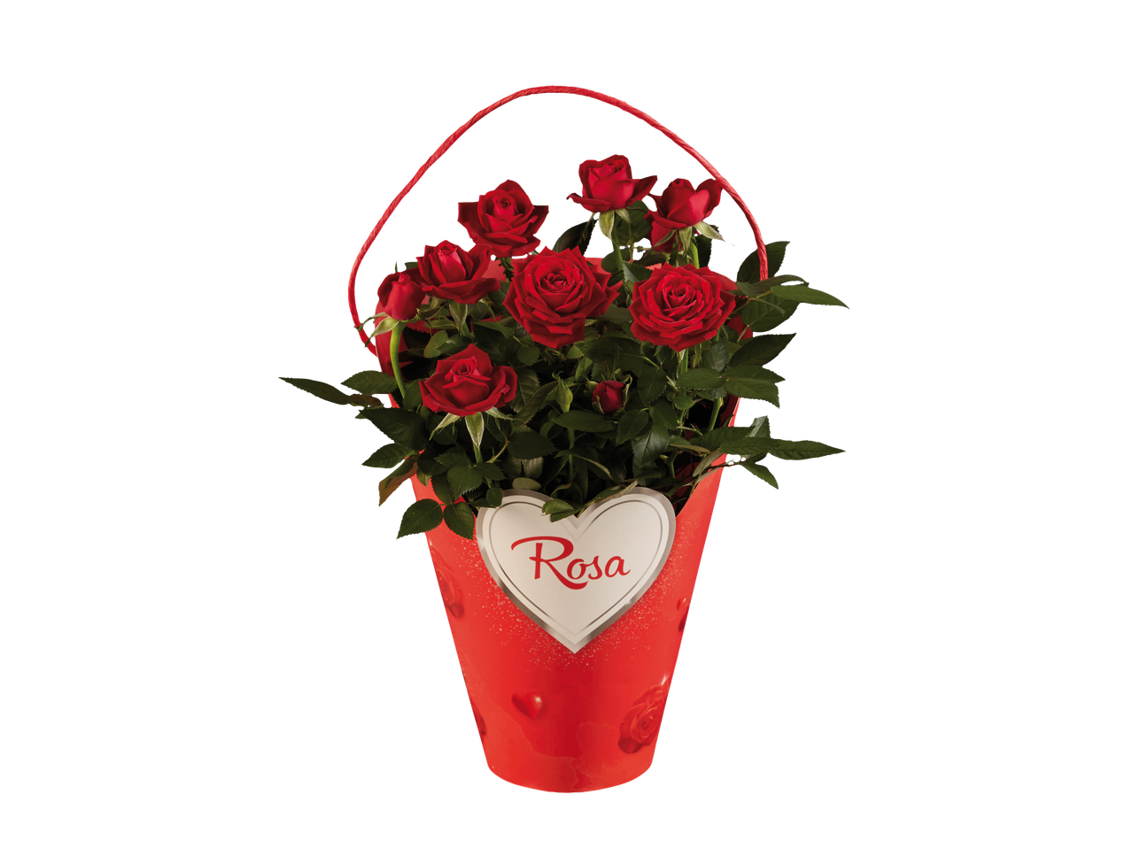 Crvene ruže u crvenoj korpi sa dekoracijom u obliku srca.