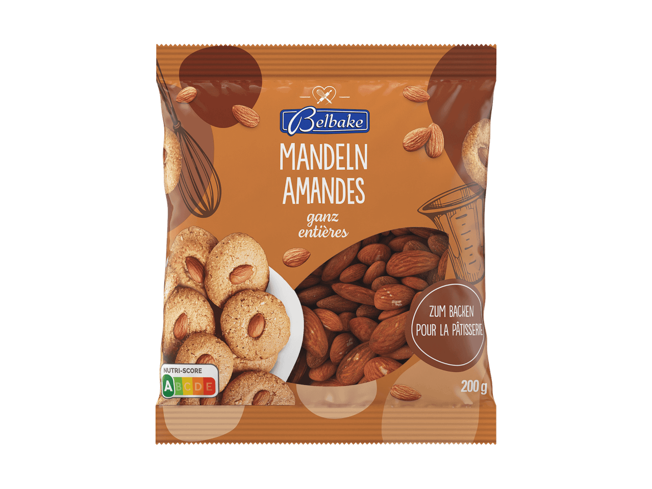 Paquet d'amandes entières Belbake pour la pâtisserie, avec des biscuits et un verre doseur illustrés.