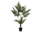 A tall artificial palm plant with dark green leaves in a black pot.
