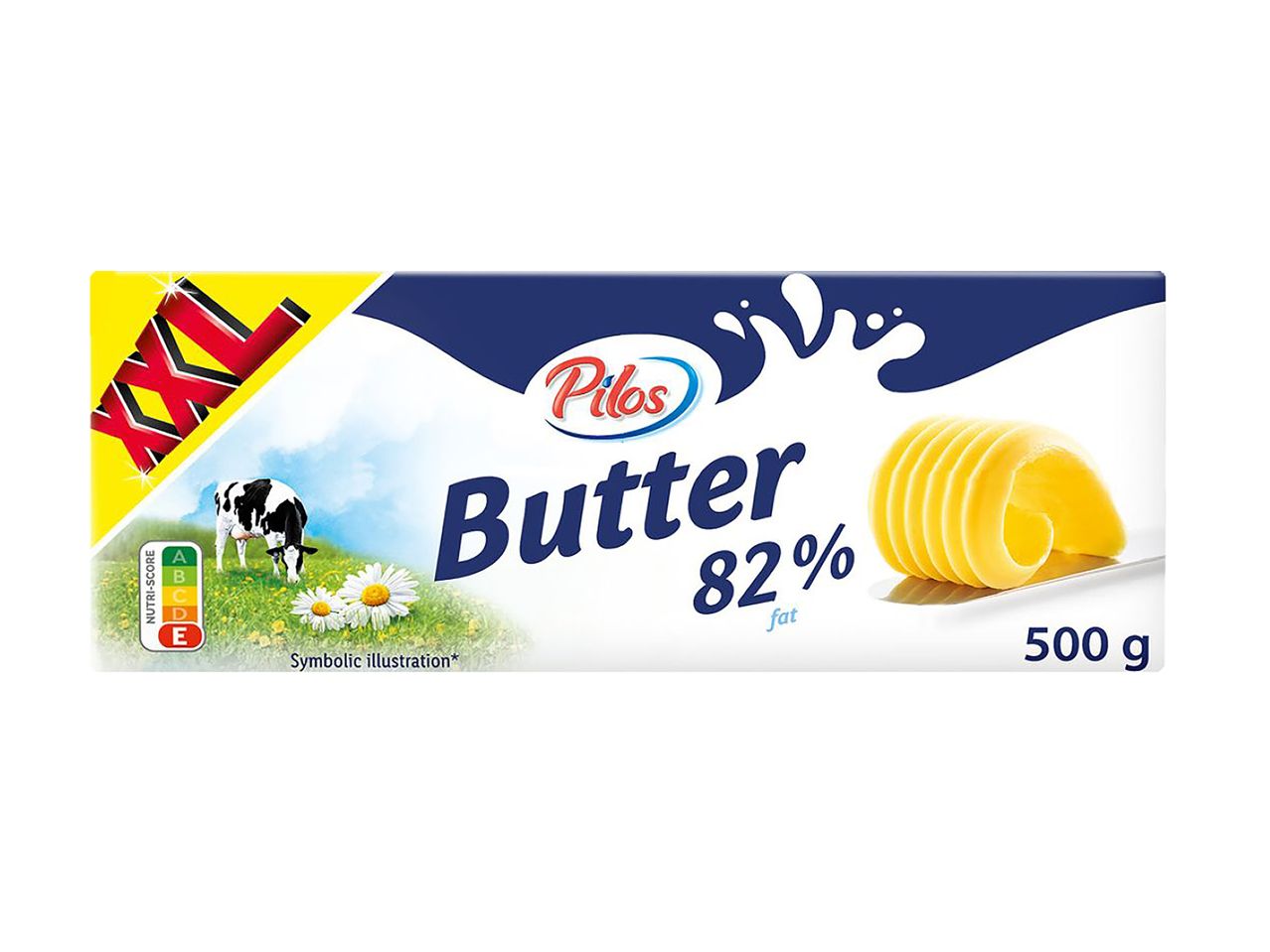 Pilos sviesta iepakojums ar 82% tauku saturu, 500 g, ar govs un margrietiņu attēlu.