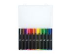An open clear plastic case containing 24 colorful fineliner pens arranged in two rows.