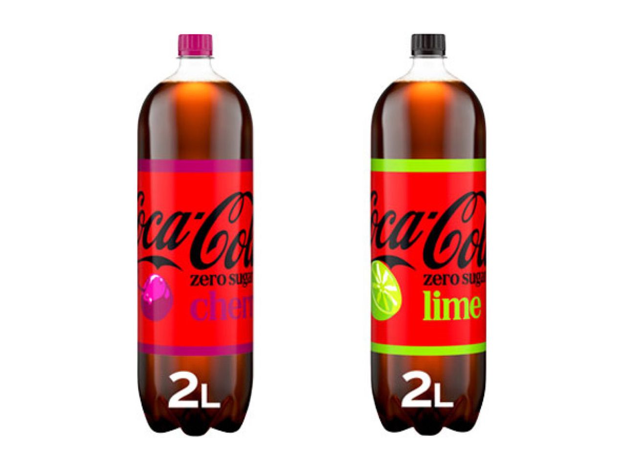 Two 2L bottles of zero sugar cola, one cherry flavored with a pink cap, one lime flavored with a black cap.