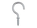 A silver-colored metal screw hook on a white background.