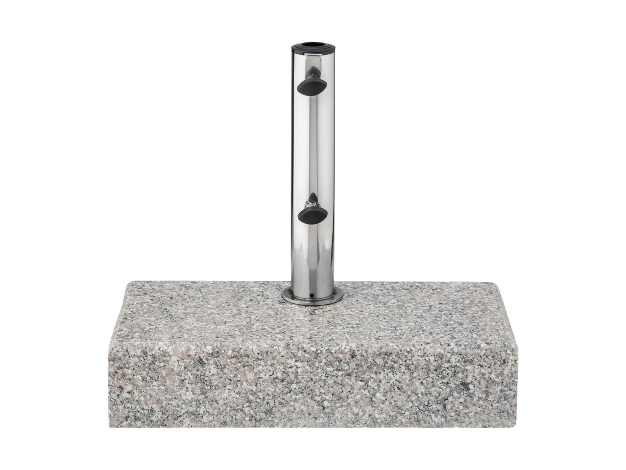 Granit-Parasolständer mit Edelstahl-Mast.