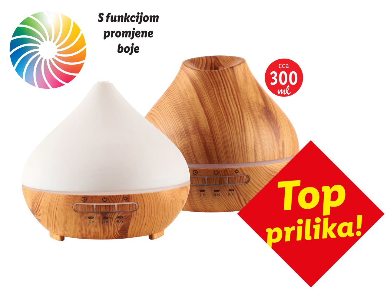 Dva drvena difuzora s funkcijom promjene boje i kapacitetom od 300 ml.