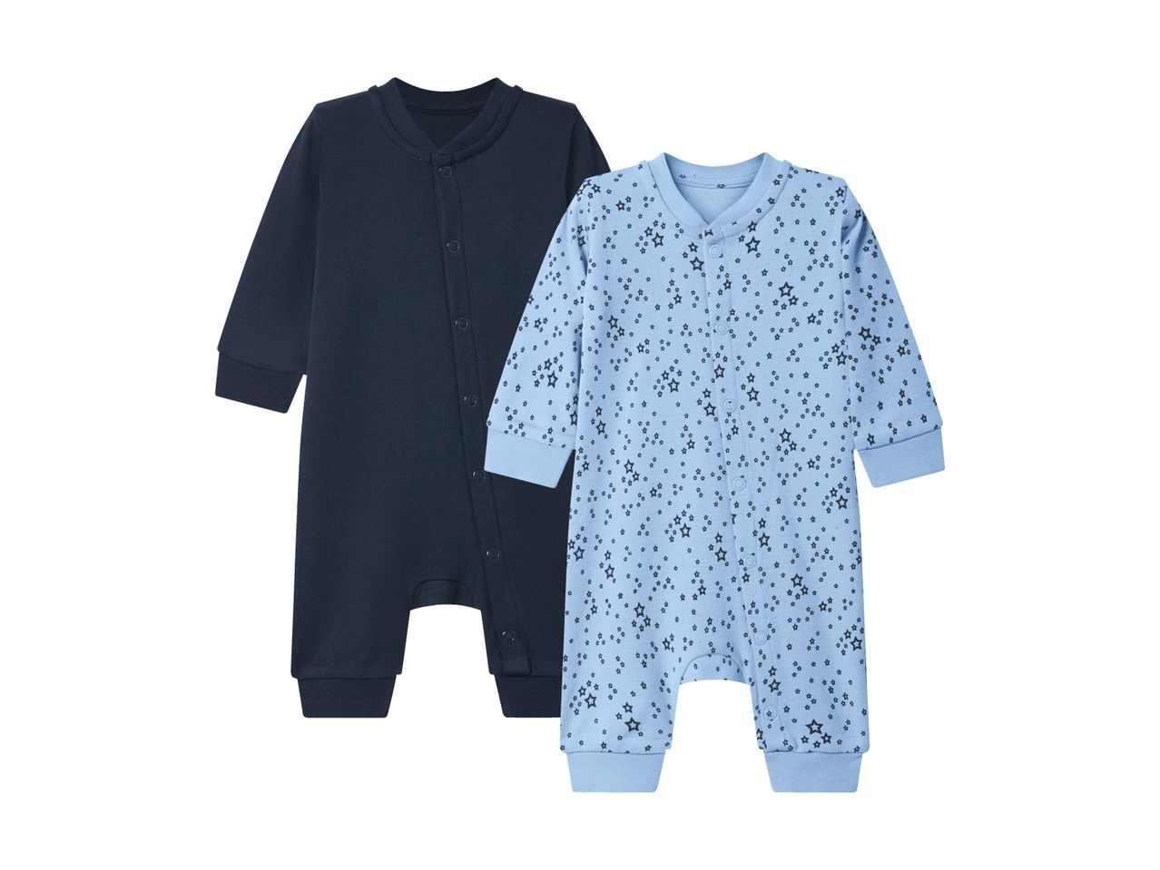 Two baby sleepsuits, one dark blue and one light blue with black star patterns.