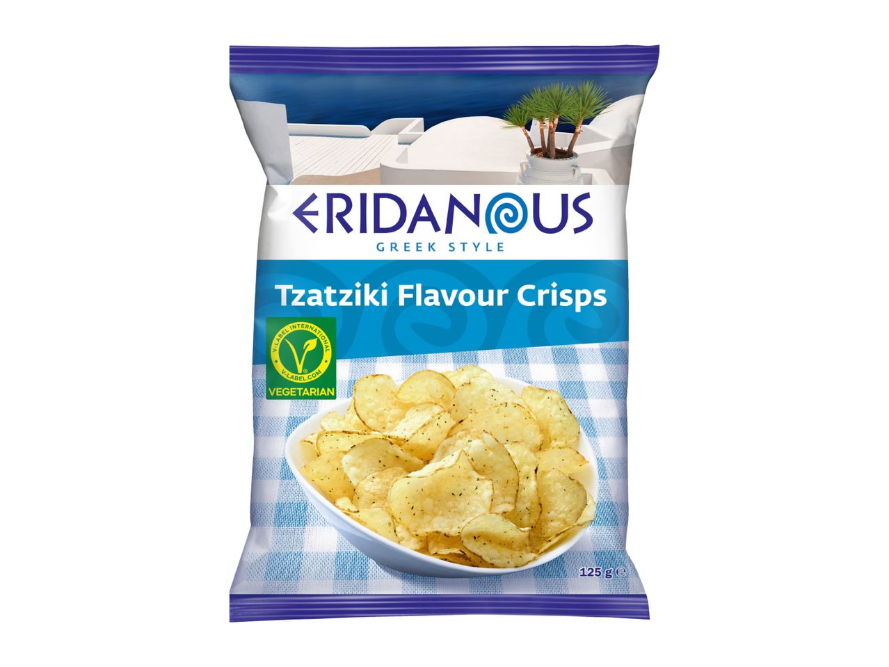 Eridanous Greek Style Tzatziki Flavour Crisps, 125g, vegetarian, with a Greek island background.