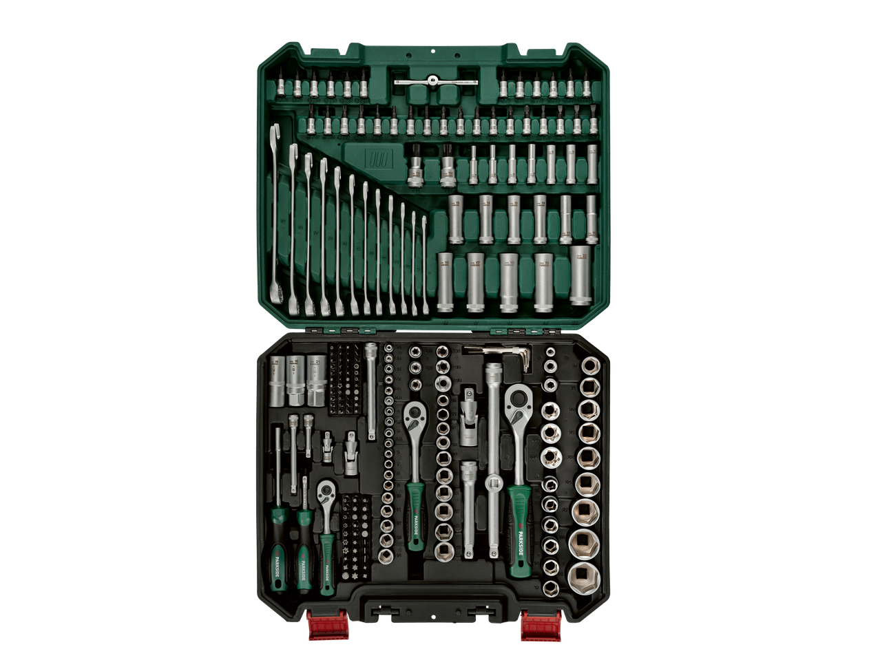 PARKSIDE dugókulcs készlet különböző bitekkel és szerszámokkal zöld tokban.