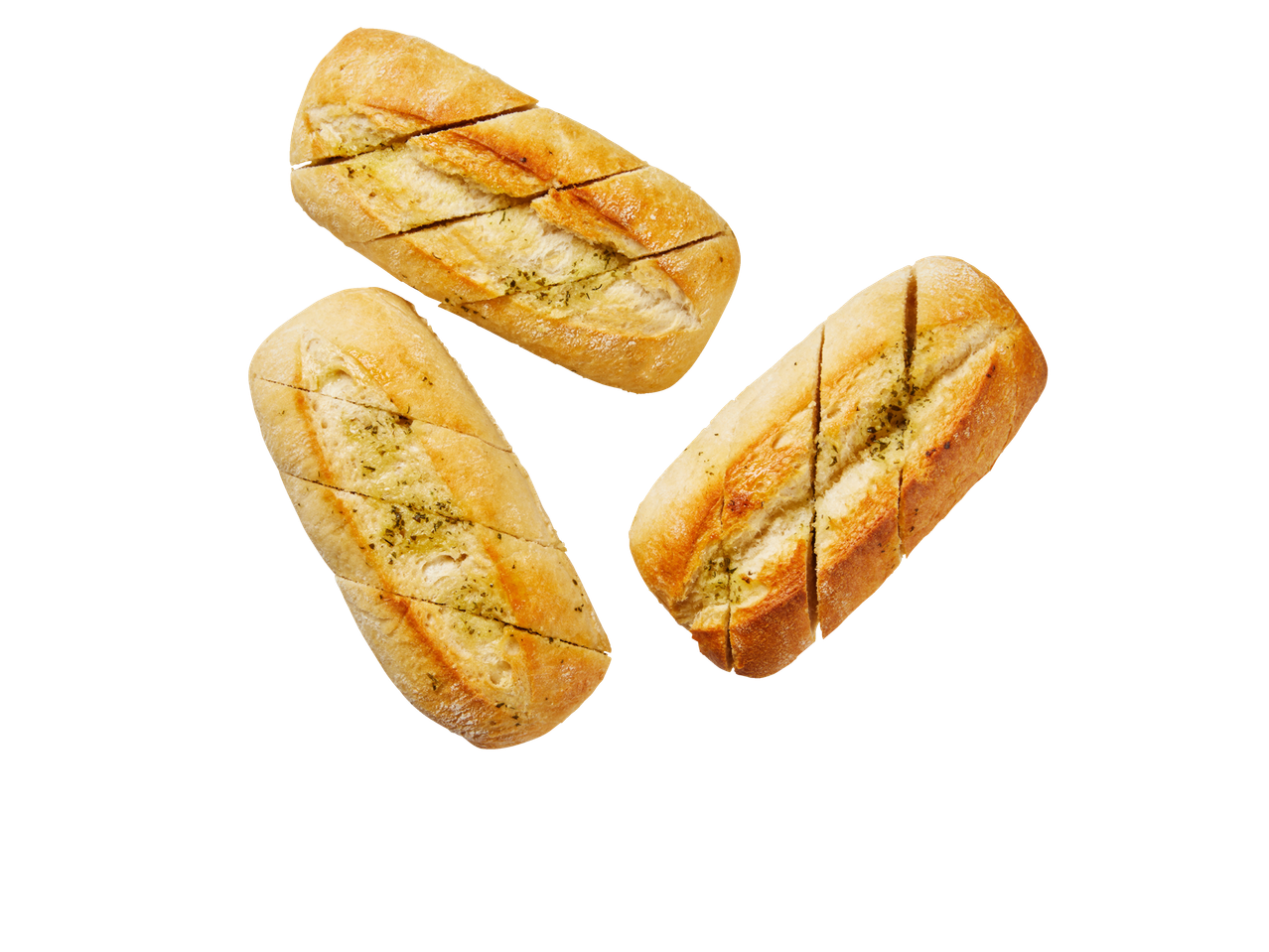 Česnakų duona, supjaustyta griežinėliais.
