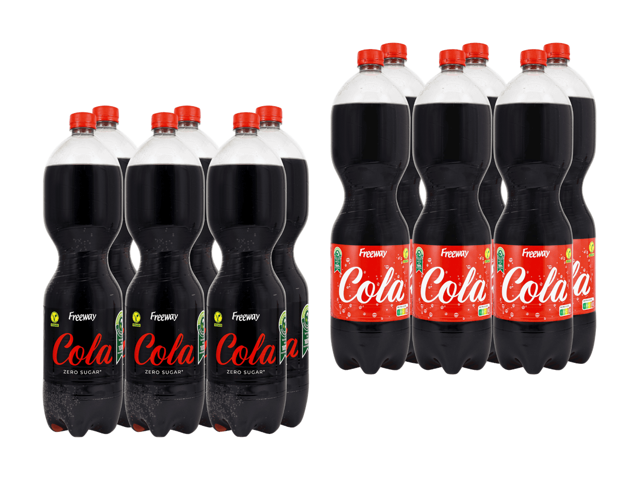 Flaschen mit zuckerfreier Cola und normaler Cola, mit roten und schwarzen Etiketten.