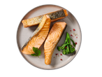 Salmão grelhado com brócolos e salsa num prato.