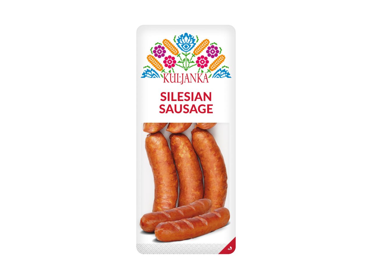 Silesian sausage packaging with folk art design and five sausages.