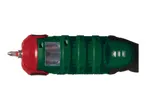 A red and green cordless screwdriver with a bit inserted, shown horizontally.