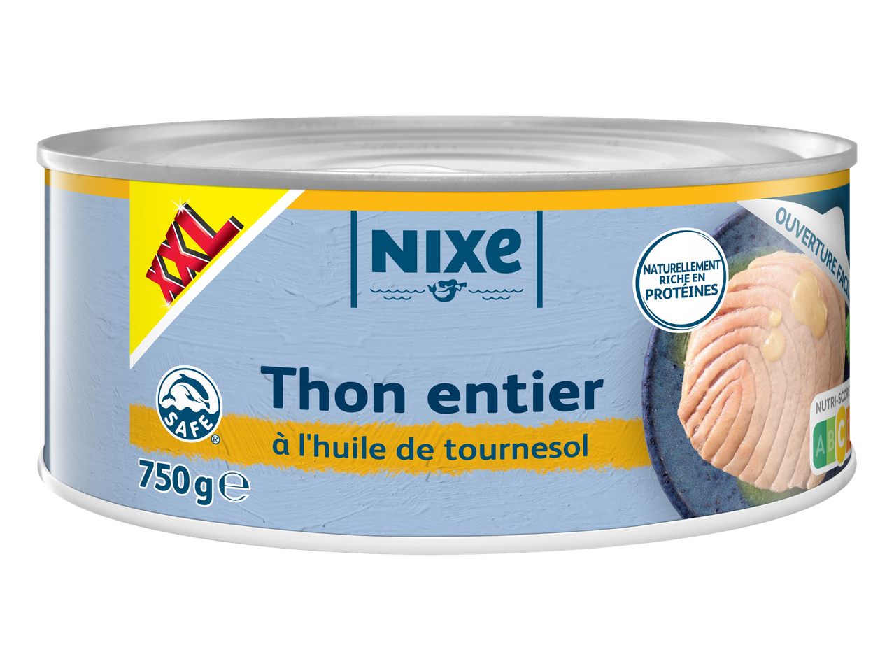Boîte de thon entier à l'huile de tournesol, 750g, riche en protéines, avec ouverture facile.