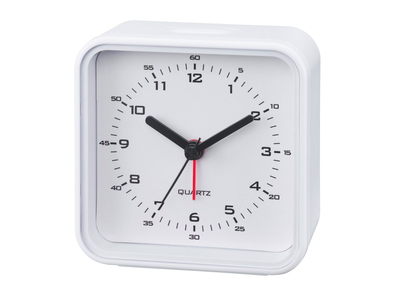 A white square alarm clock with black hands and a simple design.
