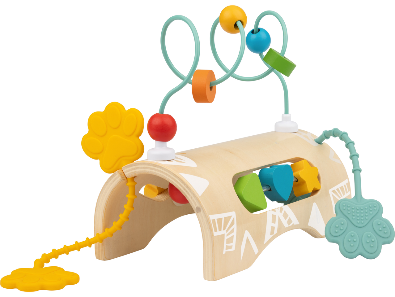 Lupilu wooden activity arch with colorful beads, shapes, and paw-shaped teethers.