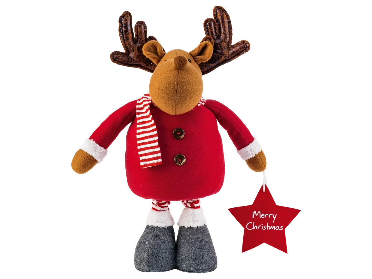 Livarno Home plīša ziemeļbriedis sarkanā mētelī un šallē, turot sarkanu zvaigzni ar uzrakstu 'Merry Christmas'.