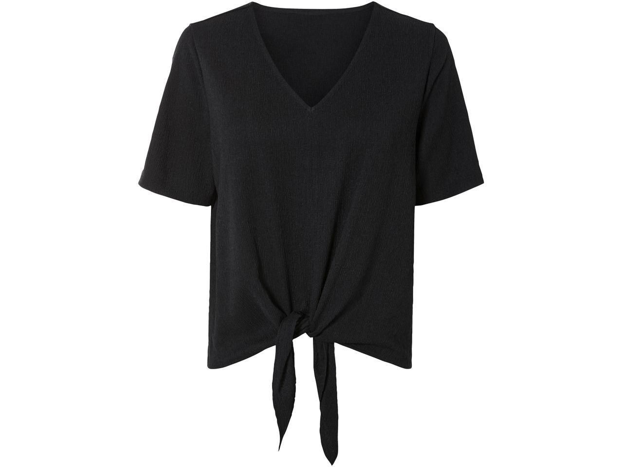 Blusa nera a nodo, maniche corte, scollo a V.