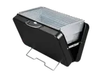 Black portable grill with metal grate.