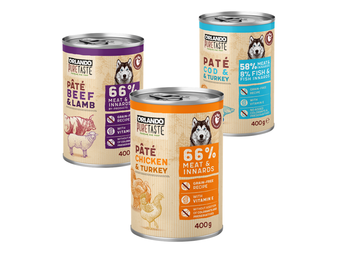 Tri konzerve paštete za pse s okusima govedine i janjetine, piletine i puretine te bakalara i puretine.