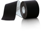 Sensiplast Kinesiology Tape in black, with a roll and a partially unrolled section showing the adhesive side.