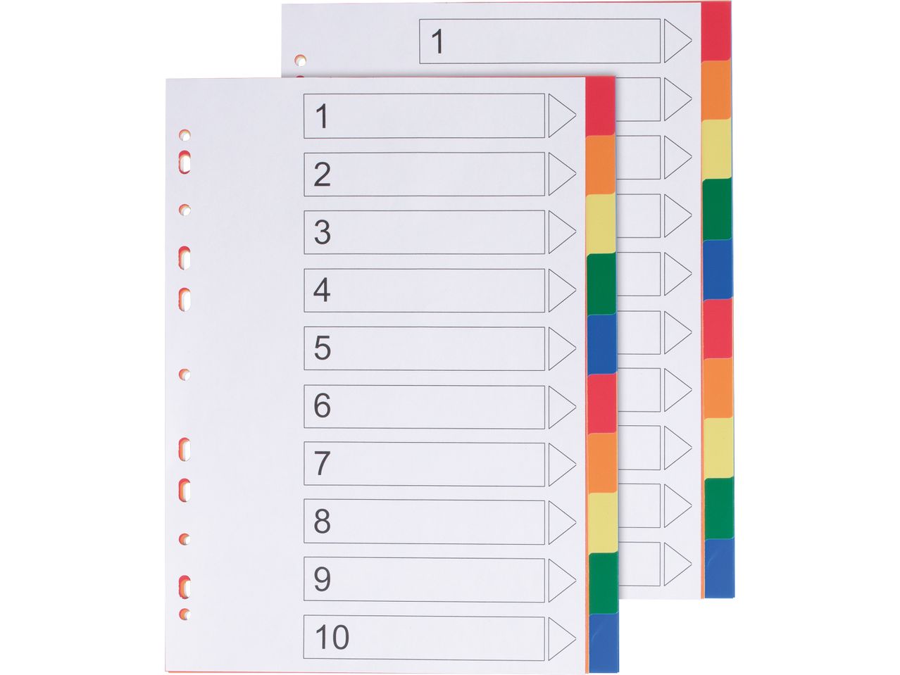 Divisori per raccoglitori numerati da 1 a 10 con linguette colorate.