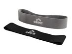 Two resistance bands, one grey and one black, with a logo, for fitness and exercise.