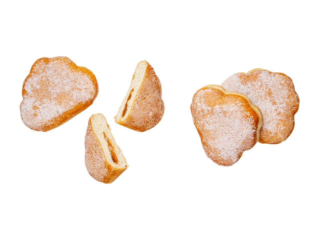 Sokeripäällysteisiä, hillotäytteisiä munkkeja mustalla taustalla.