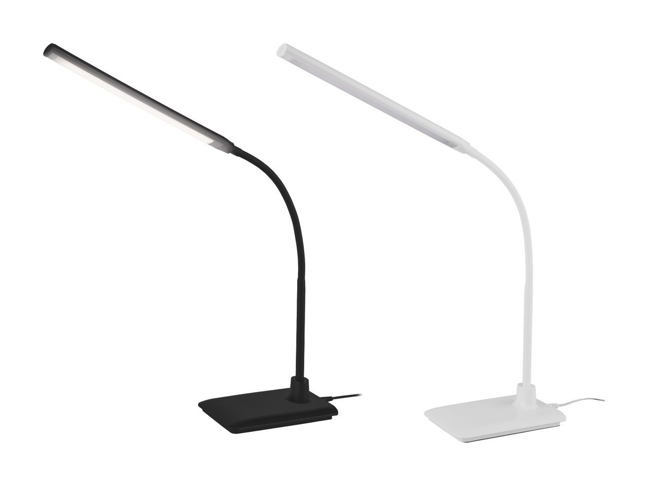 To moderne skrivebordslamper i henholdsvis sort og hvid.