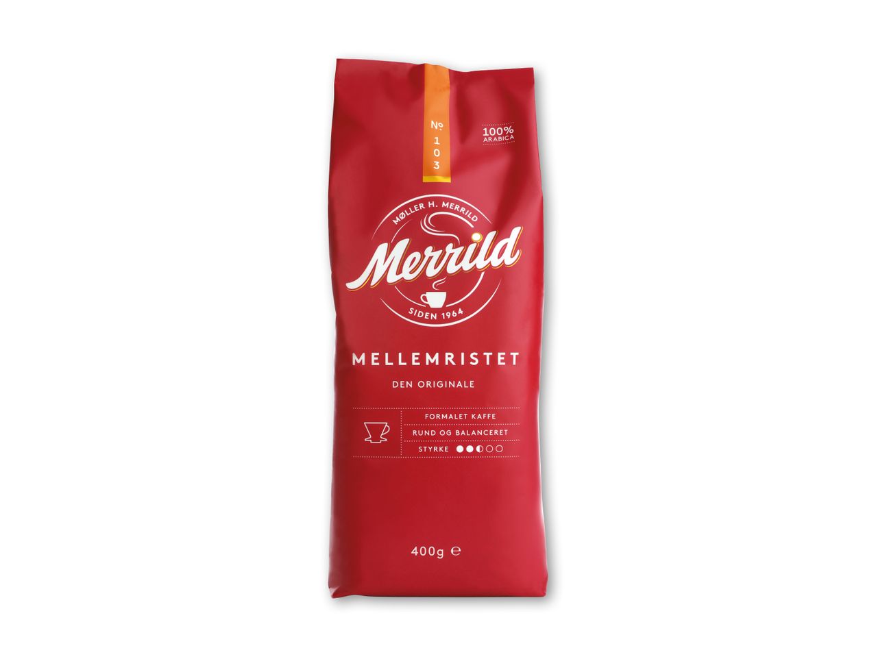 En pose Merrild Mellemristet kaffe (400g), 100% Arabica, medium roast.