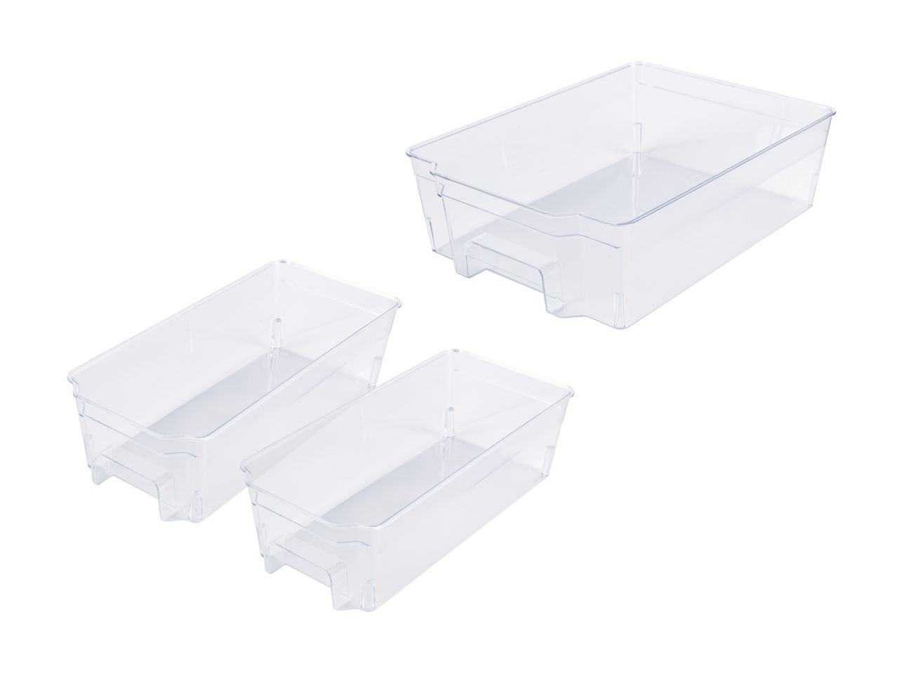 Sæt med tre gennemsigtige plastikopbevaringskasser.