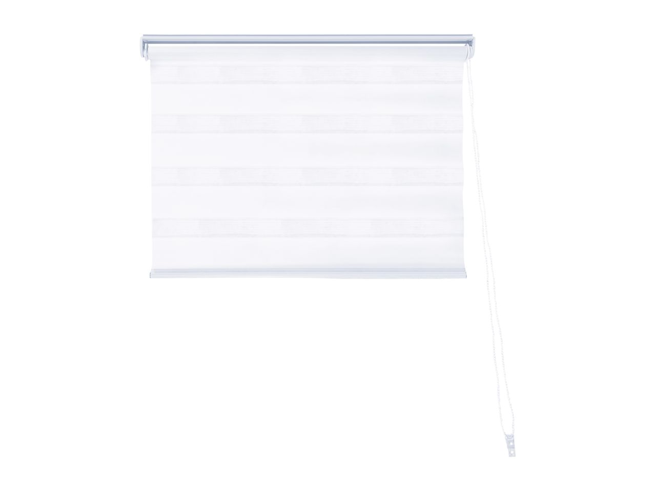 White roller blind with horizontal translucent and opaque stripes.