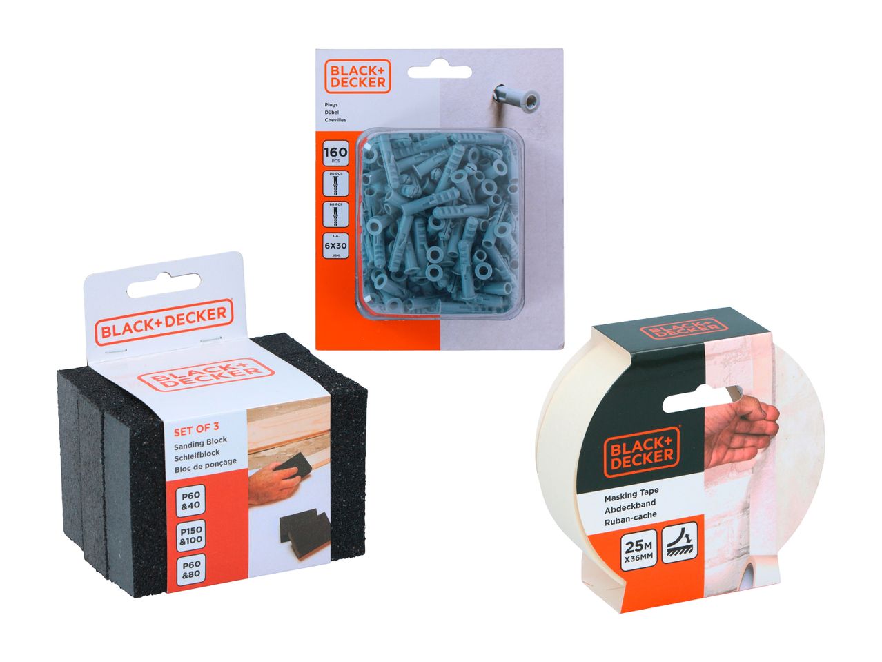 Black+Decker Dübel, Schleifblöcke und Abdeckband