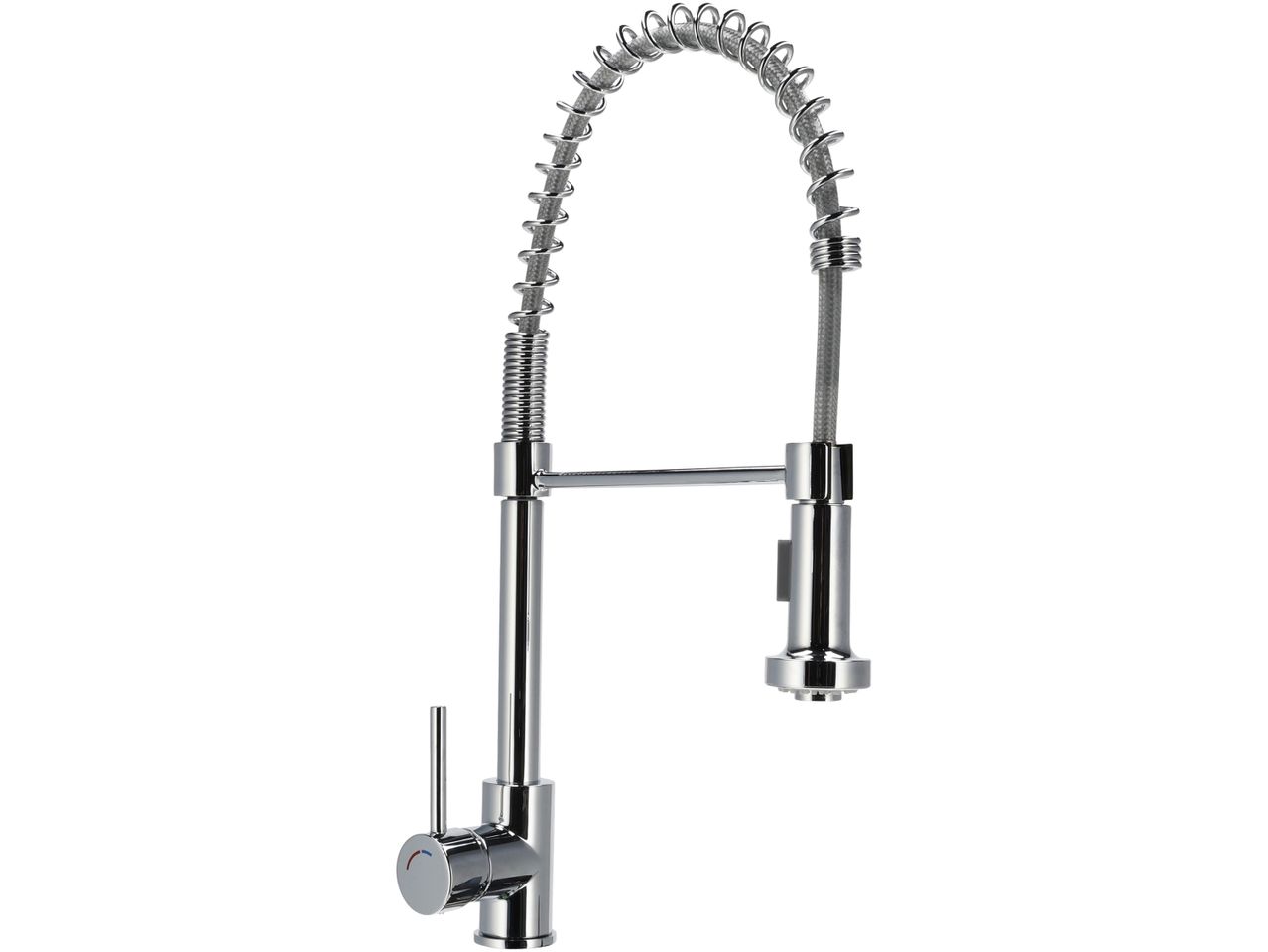 A chrome kitchen faucet with a pull-down spray head and a flexible coiled hose.