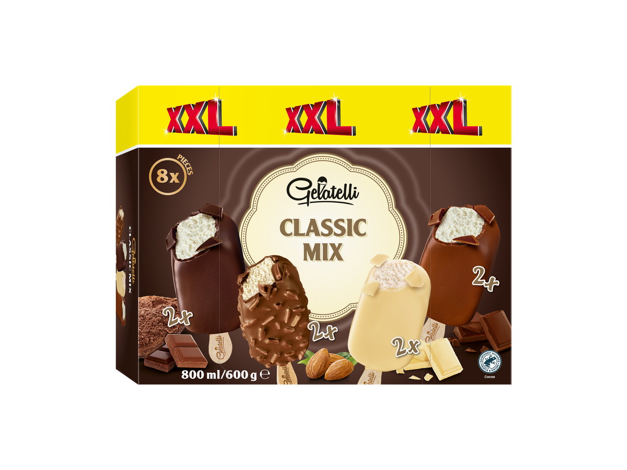 Caixa de gelados Gelatelli Classic Mix XXL com 8 unidades de vários sabores.