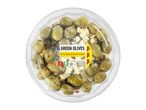 Green olives with cheese in a clear plastic container, with nutritional information.