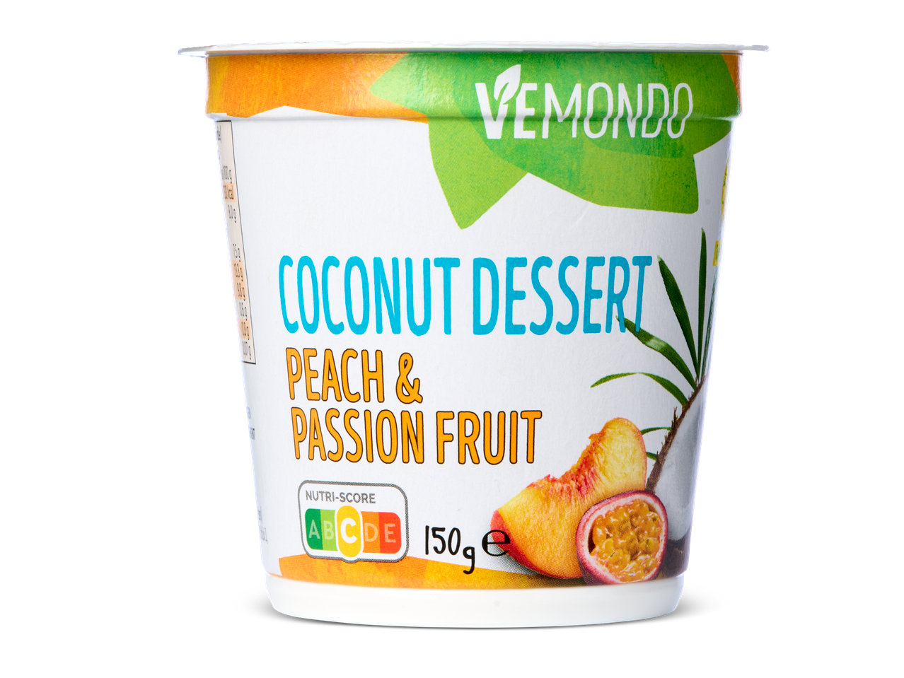 Vemondo kokosnoot dessert met perzik en passievrucht (150g).