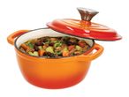 Orange Dutch oven with a red lid, filled with stew.