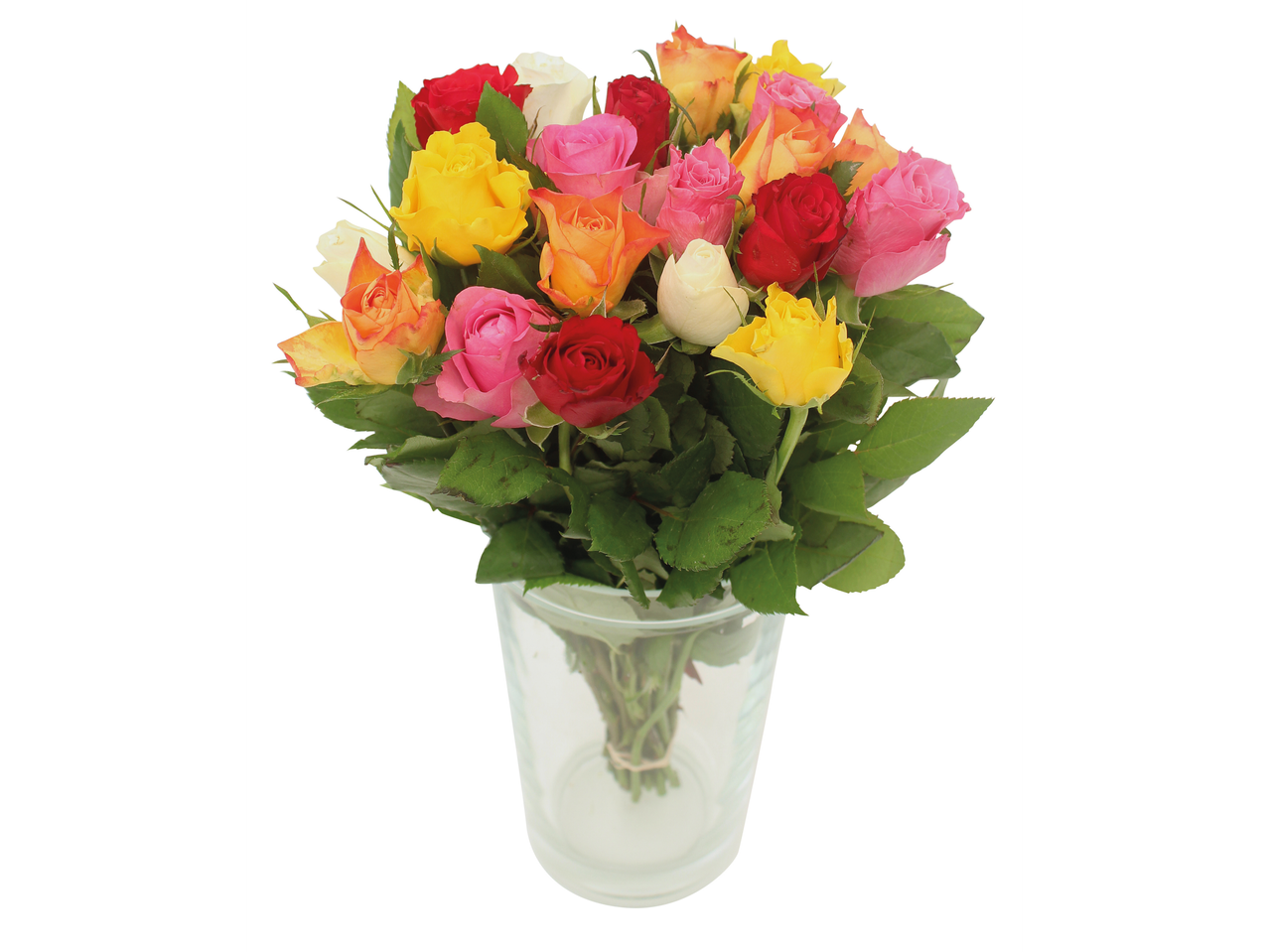 Buchet de trandafiri multicolori într-o vază de sticlă.