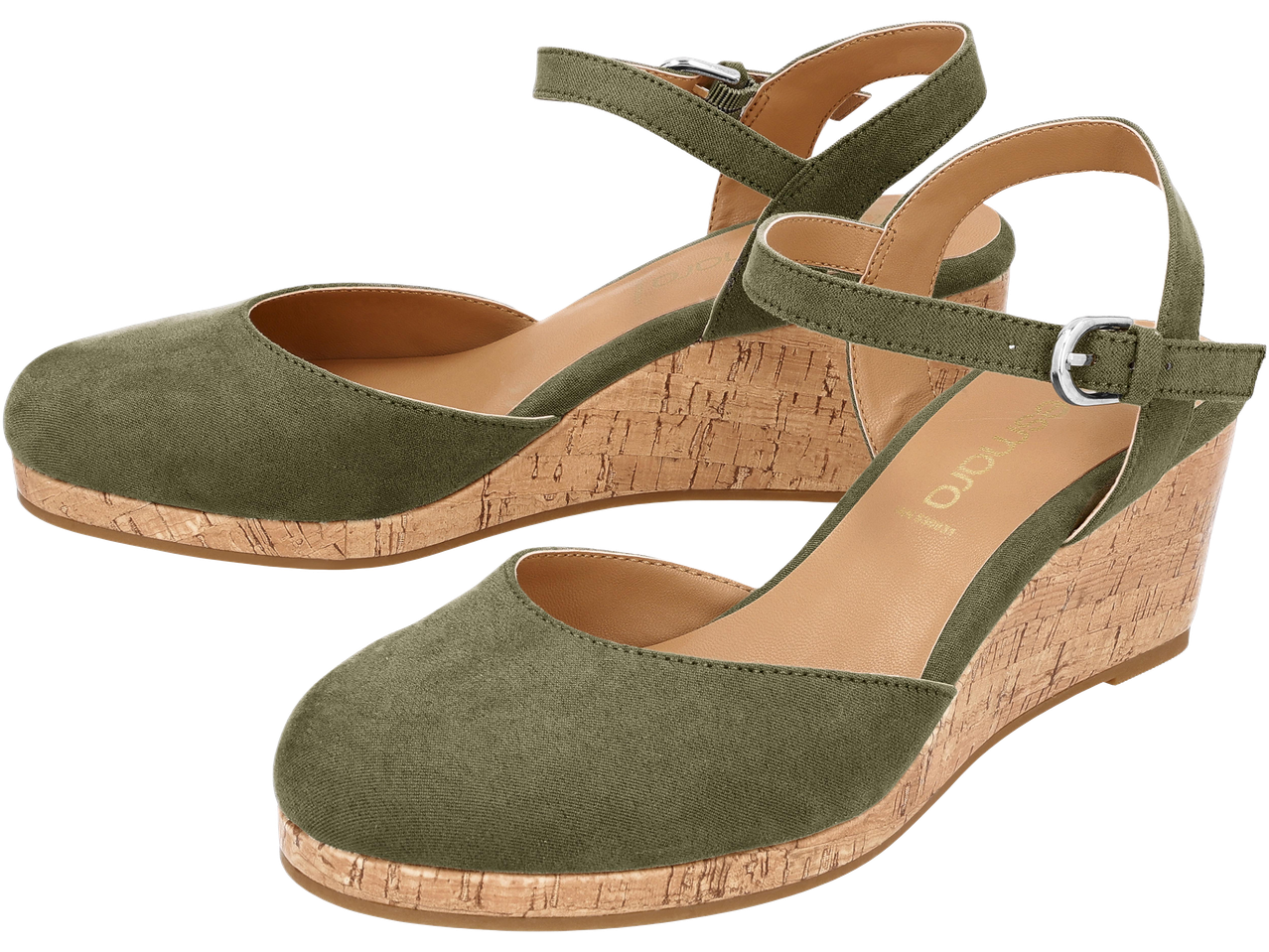 Zöld vászon éktalpú szandál parafa talppal és bokapánttal.