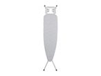 An ironing board with a light gray cover featuring a geometric pattern