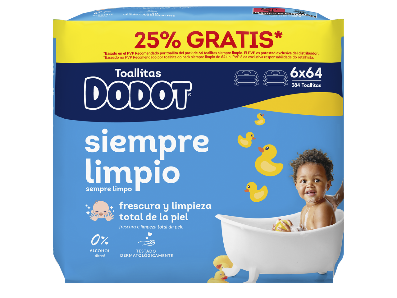 Embalagem de toalhitas de bebé com 25% grátis, com um bebé a tomar banho e patinhos de borracha.