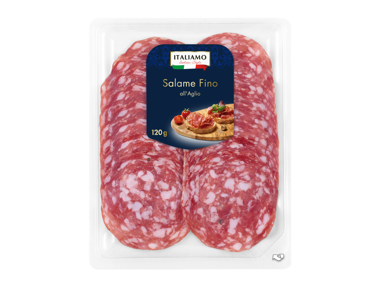 Embalagem de Salame Fino all'Aglio da marca ITALIAMO, 120g.