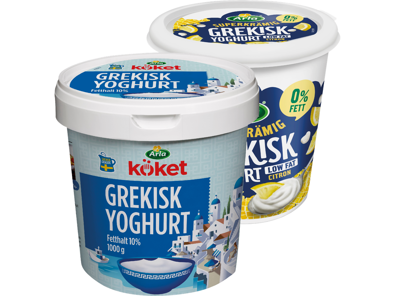 Två burkar Arla Grekisk yoghurt, en med citron.